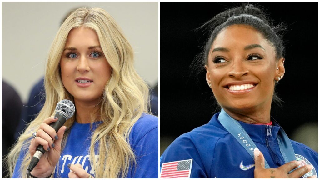 Riley gaines embraces simone biles after transgender athlete controversy