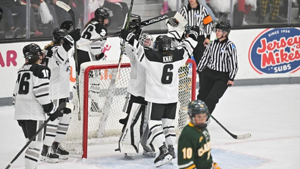Women’s hockey earns season opening victory over no. 9 clarkson, 2 1