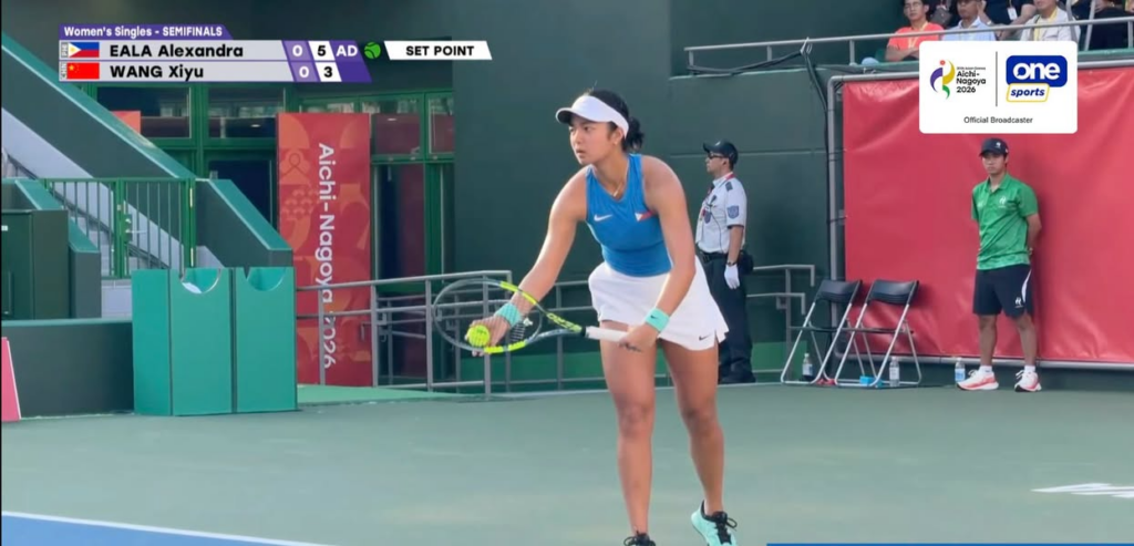 FIRST SET GOES TO ALEX! 💪🏻 Alex Eala takes the first set, 6-3, against China’s Xiyu Wang in the women’s tennis singles semifinals of the 20th Asian Games in Japan on Thursday. (Screenshots/ONE Sports) – facebook.com FIRST SET GOES TO ALEX! 💪🏻 Alex Eala takes the